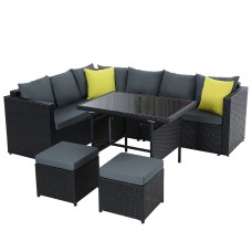 Gardeon Outdoor Aluminium Dining Set: Black PE Wicker, Tempered Glass Table, Multi-Seater Sofa, UV & Weather Resistant