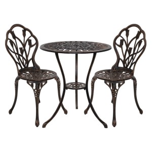 Gardeon 3PC Outdoor Bistro Set – Cast Aluminium Tulip Design, Weather-Resistant, Bronze Finish, with Parasol Hole