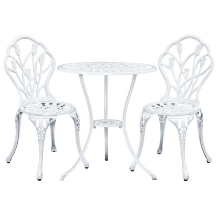 Gardeon 3PC Cast Aluminium Patio Bistro Set, Tulip White – Vintage Outdoor Furniture, Weather-Resistant, Easy Assembly