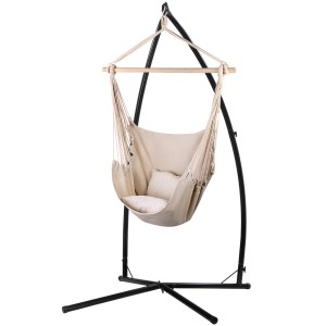 Gardeon Hammock Chair Outdoor Camping Set, Cream, Polyester Cotton, 180kg Capacity, Steel Stand, Indoor/Outdoor Use