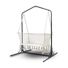 Gardeon Hammock Chair with Stand, Macrame 2-Seater, Cream, 120x70x120cm, Indoor/Outdoor, Handmade Tassels, 200kg
