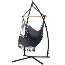 Gardeon Hammock Chair with Steel Stand, Polyester Cotton, 150x90cm, Grey, Indoor/Outdoor, 360° Rotation, 120kg Capacity