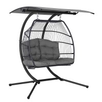 Gardeon Double Hanging Egg Swing Chair with Canopy, Hand-Woven Wicker, Steel Frame, 2-Seater, UV Resistant, Grey