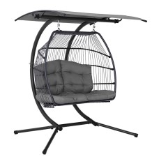 Gardeon Double Hanging Egg Swing Chair with Canopy, Hand-Woven Wicker, Steel Frame, 2-Seater, UV Resistant, Grey