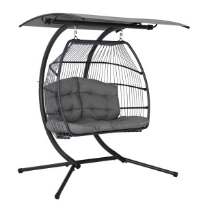 Gardeon Double Hanging Egg Swing Chair with Canopy, Hand-Woven Wicker, Steel Frame, 2-Seater, UV Resistant, Grey