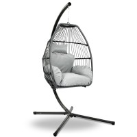 Gardeon Outdoor Hanging Egg Swing Chair, Handcrafted UV-Resistant Wicker, 360° Rotation, Grey Cushion, 150kg Capacity