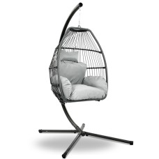 Gardeon Outdoor Hanging Egg Swing Chair, Handcrafted UV-Resistant Wicker, 360° Rotation, Grey Cushion, 150kg Capacity