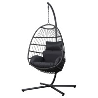 Gardeon Outdoor Egg Swing Chair - Grey Resin Wicker, 195cm Anti-Rust Frame, Plush Cushions, Foldable Pod Stand Included