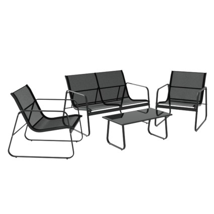 Gardeon Outdoor Sofa Set - 4-Piece Lounge with Tempered Glass Table, Weather-Resistant Textilene, Steel Frame, Black