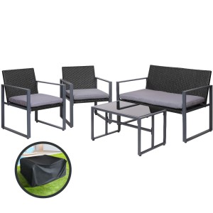 Gardeon 4-Piece Black Rattan Outdoor Sofa Set with Storage Cover, Tempered Glass Table, and Washable Cushions