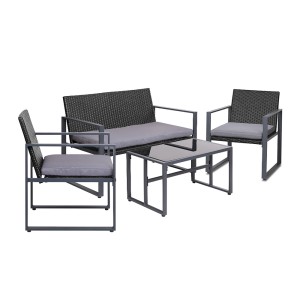Gardeon 4-Piece Outdoor Rattan Sofa Set with Glass Table - UV-Resistant, Washable Cushions, Black, Easy Assembly