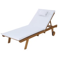 Gardeon Sun Lounge Wooden Lounger: Fir Wood, Adjustable Backrest, White Cushion, Wheels, 195x68x89cm, 300kg Capacity