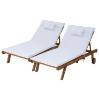 Gardeon 2x Wooden Sun Lounger with Wheels - Adjustable Fir Wood Day Bed, UV-Resistant, White Cushions, 195cm x 68cm x