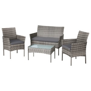 Gardeon 4 Seater Outdoor Sofa Set - Grey Wicker, Steel Frame, Cushions, Tempered Glass Table, Indoor/Outdoor Use