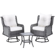 Gardeon 3PC Grey Wicker Bistro Set: Swivel Chairs & Table, UV-Resistant Cushions, Steel Frame, Indoor/Outdoor Use