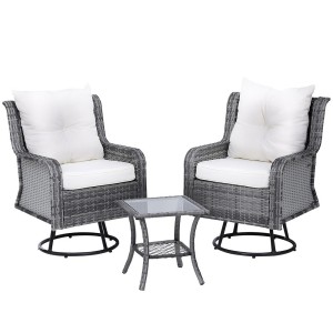 Gardeon 3PC Grey Wicker Bistro Set: Swivel Chairs & Table, UV-Resistant Cushions, Steel Frame, Indoor/Outdoor Use