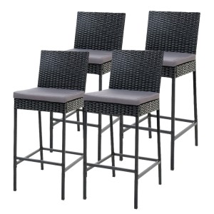 Gardeon 4-Piece Outdoor Bar Stools – Hand-Woven Rattan, UV-Resistant, 5cm Cushions, Steel Frame, Weatherproof Elegance