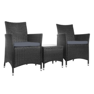 Gardeon 3PC Outdoor Bistro Set - Black Wicker Chairs & Glass Table, UV & Weather Resistant, Cushioned Comfort