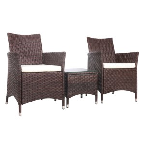 Gardeon 3PC Outdoor Bistro Set: Brown Wicker Patio Furniture with Cushioned Chairs & Glass Top Table, Weather-Resistant