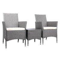 Gardeon 3PC Outdoor Bistro Set - Grey Wicker Chairs & Table with Cushions, Steel Frame, UV & Weather Resistant