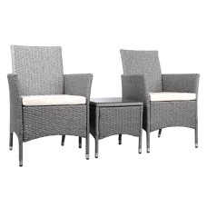 Gardeon 3PC Outdoor Bistro Set - Grey Wicker Chairs & Table with Cushions, Steel Frame, UV & Weather Resistant