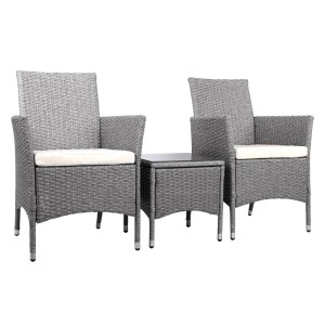 Gardeon 3PC Outdoor Bistro Set - Grey Wicker Chairs & Table with Cushions, Steel Frame, UV & Weather Resistant