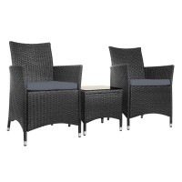 Gardeon 3PC Outdoor Bistro Set - Black Wicker Chairs & Glass Table, Weatherproof, UV-Resistant, Cushioned Comfort