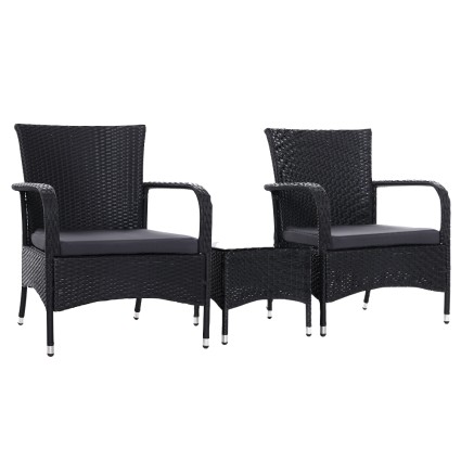 Gardeon 3PC Outdoor Patio Bistro Set - UV-Resistant Wicker, Steel Frame, Glass Table, Cushioned Chairs, Weatherproof