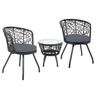 Gardeon 3PC Bistro Set - Black Outdoor Rattan Furniture with Cushioned Chairs & Tempered Glass Table, Weather-Resistant