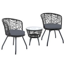 Gardeon 3PC Bistro Set - Black Outdoor Rattan Furniture with Cushioned Chairs & Tempered Glass Table, Weather-Resistant