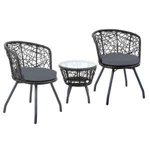 Gardeon 3PC Bistro Set - Black Outdoor Rattan Furniture with Cushioned Chairs & Tempered Glass Table, Weather-Resistant