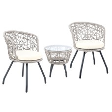Gardeon 3PC Outdoor Bistro Set with Weather-Resistant Rattan, Tempered Glass Table, and Cushioned Grey Chairs for Patio