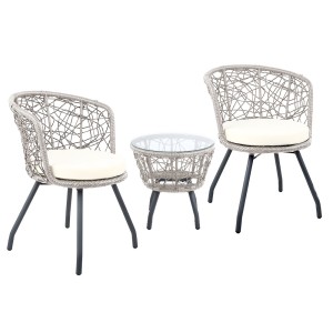 Gardeon 3PC Outdoor Bistro Set with Weather-Resistant Rattan, Tempered Glass Table, and Cushioned Grey Chairs for Patio