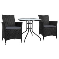 Gardeon 3PC Outdoor Bistro Set with Wicker Chairs, Glass Table, Cushions, UV Resistant, Parasol Hole, Easy Assembly