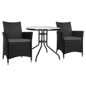 Gardeon 3PC Outdoor Bistro Set with Wicker Chairs, Glass Table, Cushions, UV Resistant, Parasol Hole, Easy Assembly