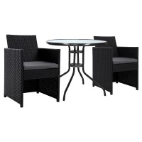 Gardeon 3PC Bistro Set - Rattan Outdoor Furniture with Cushions, Steel Frame, Tempered Glass Table, UV-Resistant Wicker