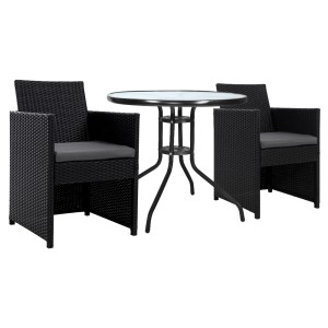 Gardeon 3PC Bistro Set - Rattan Outdoor Furniture with Cushions, Steel Frame, Tempered Glass Table, UV-Resistant Wicker