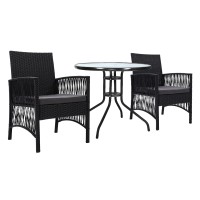 Gardeon 3PC Bistro Set: Outdoor Rattan Furniture with Table & Chairs, UV-Resistant Wicker, Cushions, Parasol Hole, Black