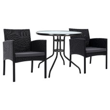 Gardeon 3PC Bistro Set: Outdoor Rattan Furniture with Cushions, Tempered Glass Table, UV-Resistant, and Parasol Hole