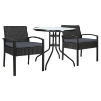 Gardeon 3PC Outdoor Bistro Set - Rattan Chairs, Cushions & Glass Table, UV-Resistant PE Wicker, Black, Easy Assembly