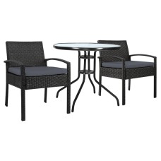 Gardeon 3PC Outdoor Bistro Set - Rattan Chairs, Cushions & Glass Table, UV-Resistant PE Wicker, Black, Easy Assembly