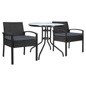Gardeon 3PC Outdoor Bistro Set - Rattan Chairs, Cushions & Glass Table, UV-Resistant PE Wicker, Black, Easy Assembly