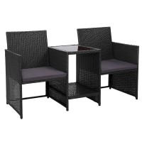 Gardeon Outdoor Wicker Loveseat Bistro Set - UV & Weather Resistant, Black, 153x48x86cm, Steel Frame, Glass Tabletop