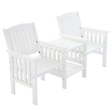 Gardeon Outdoor Garden Bench Loveseat - White Fir Wood, 2-Seater with Table, Parasol Hole, 165x58.5x87.5cm, Weather
