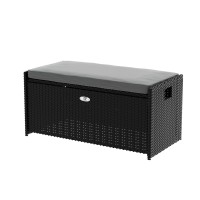 Gardeon 102L Wicker Outdoor Storage Bench, Black – Weather-Resistant, 300kg Capacity, with Cushion & Steel Frame