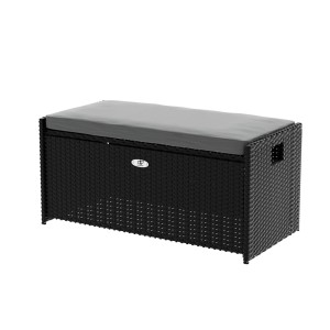 Gardeon 102L Wicker Outdoor Storage Bench, Black – Weather-Resistant, 300kg Capacity, with Cushion & Steel Frame