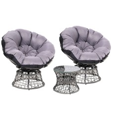 Gardeon Outdoor Lounge Set: Grey Rotatable Wicker Papasan Chairs & Table with UV-Resistant Cushions & Glass Top