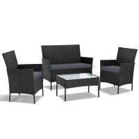 Gardeon 4-Piece Black Rattan Outdoor Sofa Set - Wicker Loveseat, Armchairs & Glass Table, Weather-Resistant Furniture