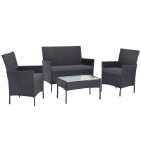 Gardeon 4-Piece Dark Grey Wicker Outdoor Sofa Set – Includes Loveseat, Armchairs, Side Table, Removable Cushions