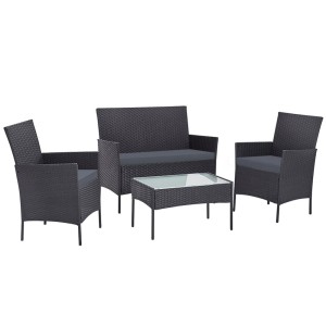 Gardeon 4-Piece Dark Grey Wicker Outdoor Sofa Set – Includes Loveseat, Armchairs, Side Table, Removable Cushions